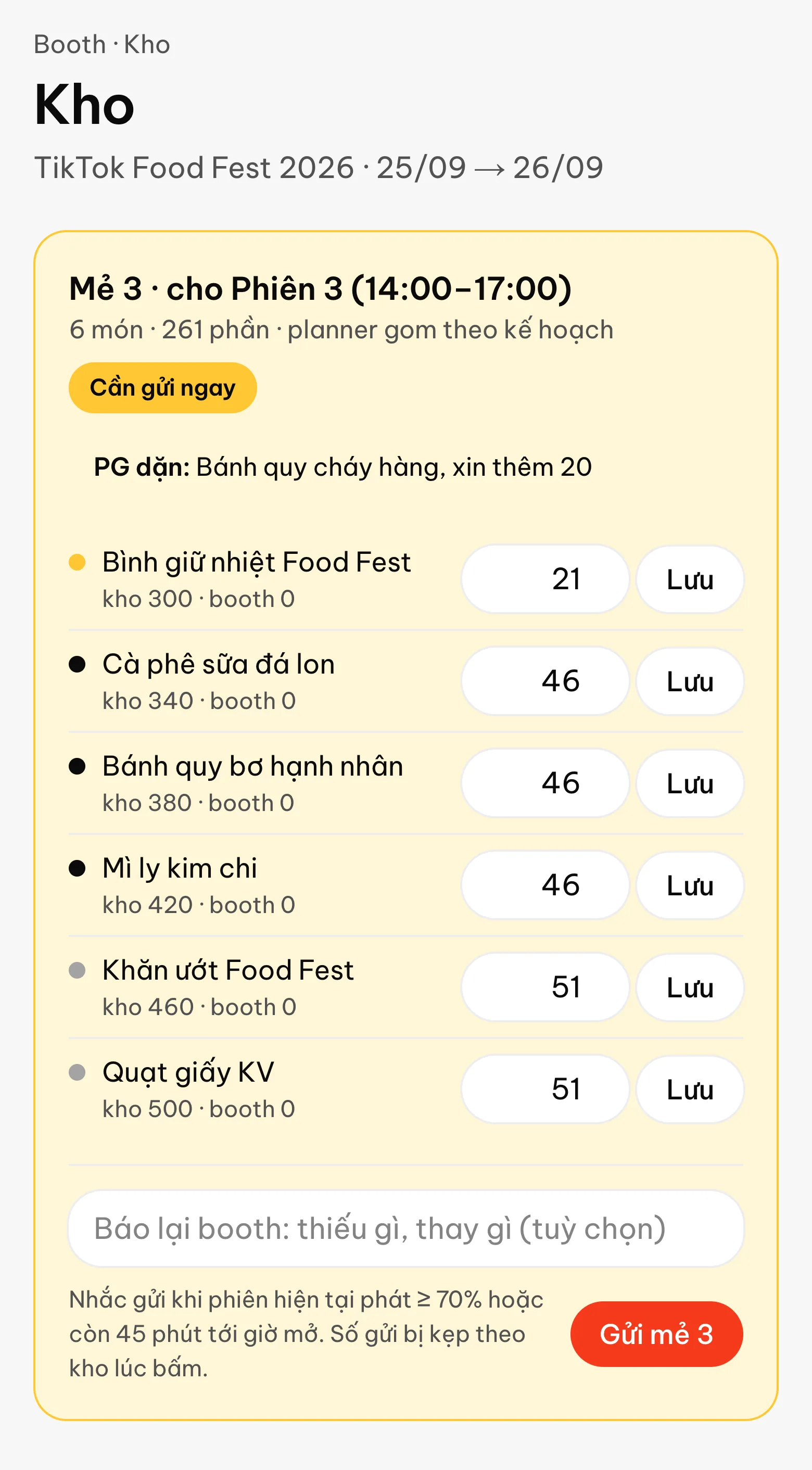 Màn kho · Mẻ kế tiếp cho Phiên 3