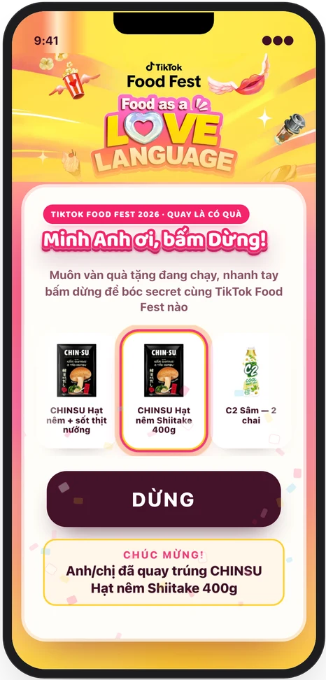 Màn dải quay quà tại TikTok Food Fest: người nhận bấm Dừng và quay trúng quà
